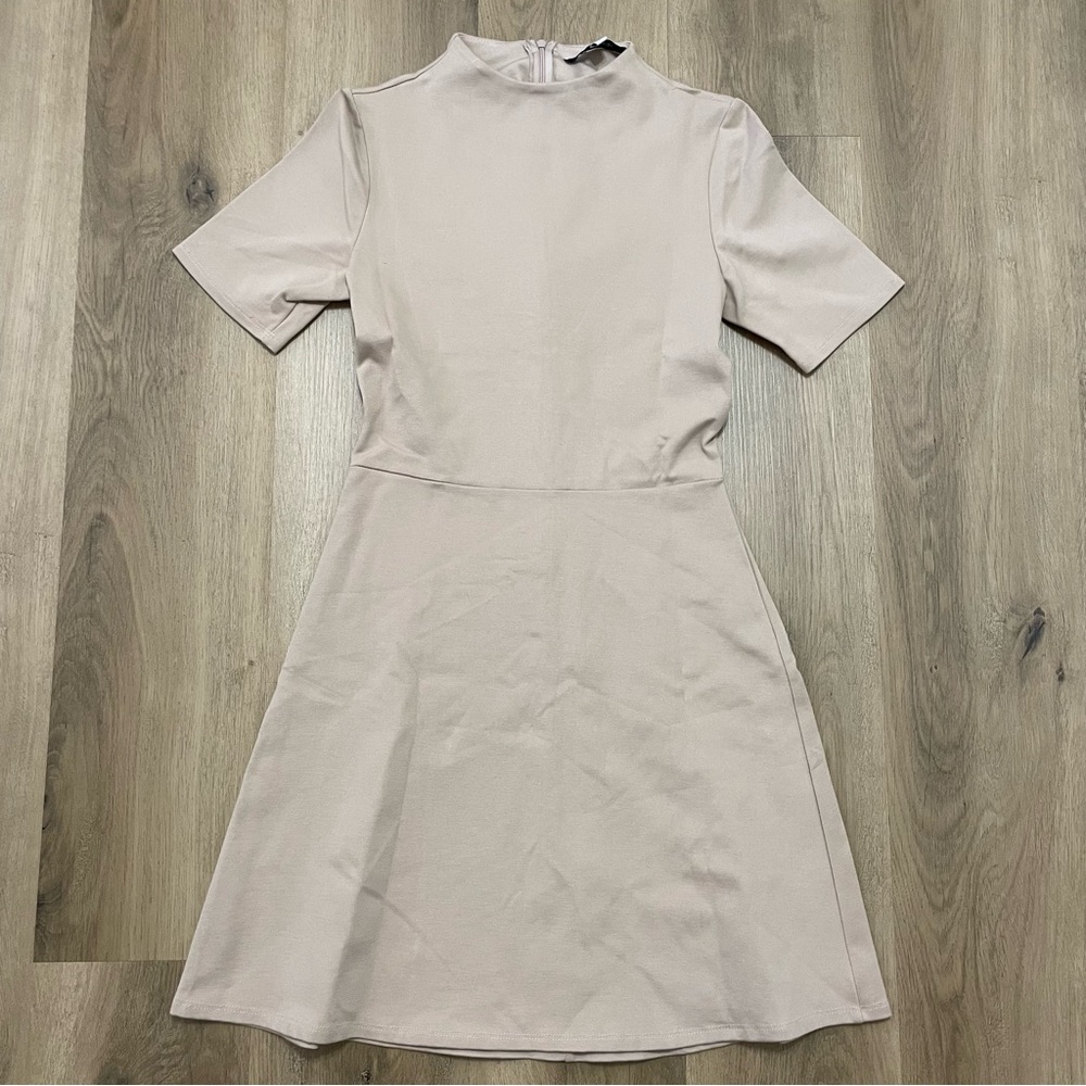 NWT The Vanity Room Dress Tan Short Sleeve Ponte Fit & Flare Dress, Small